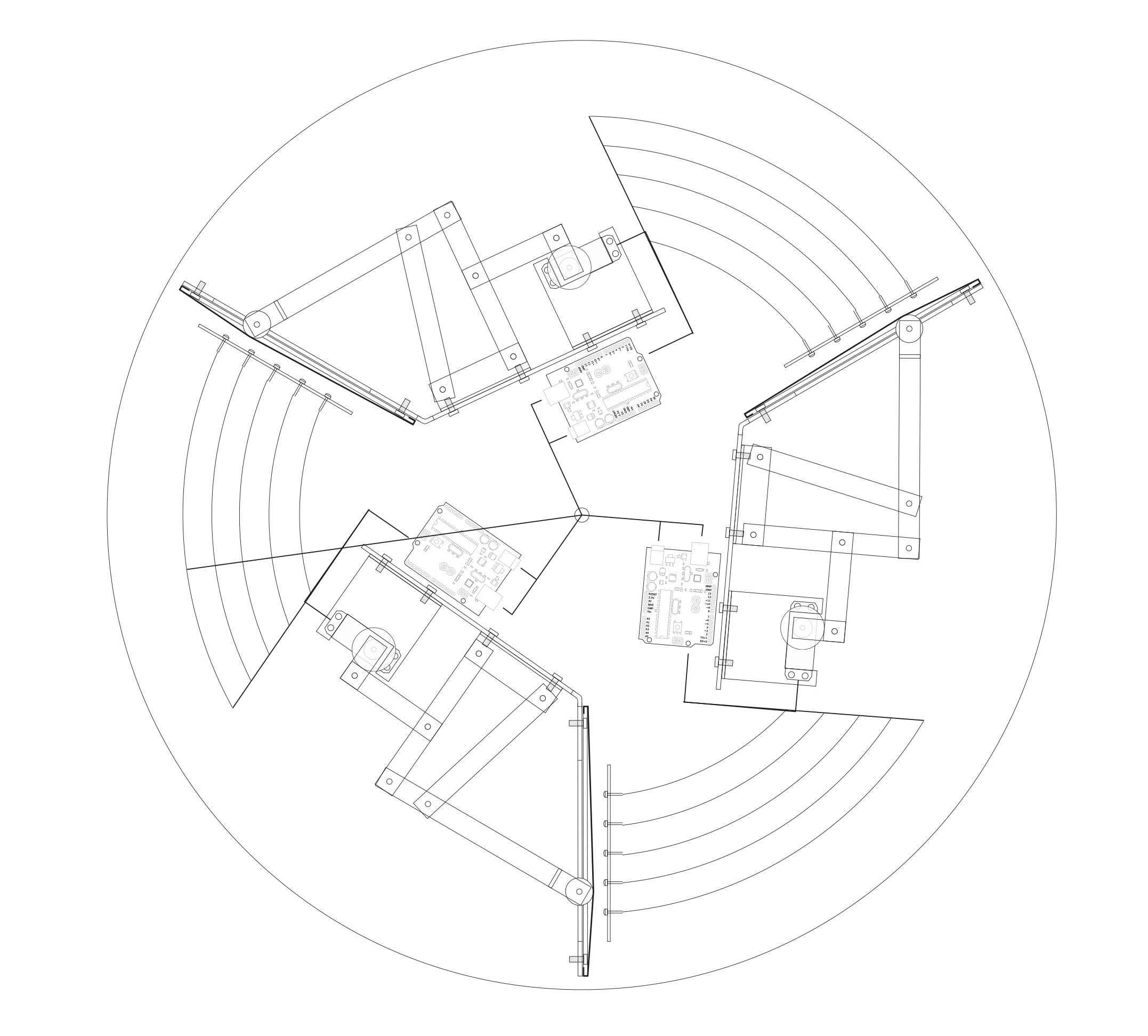 Schematic top view of three identical machines with their components